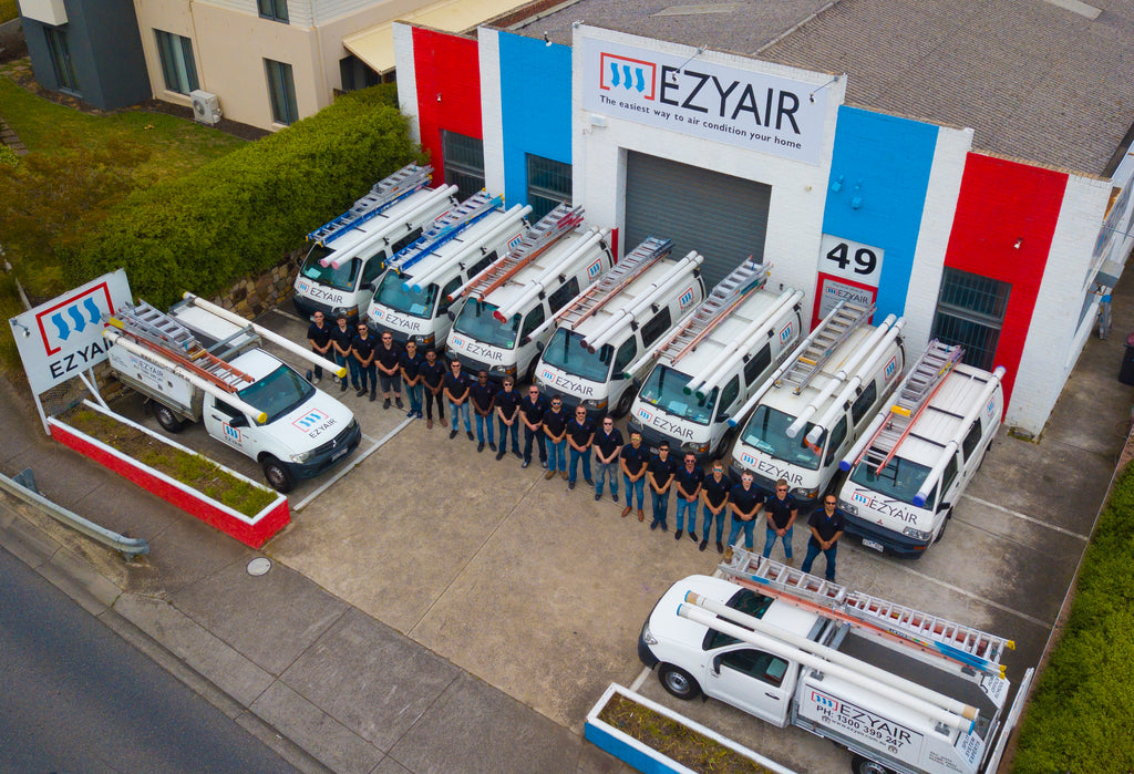 Aerial view of the EZYAIR team and service utes outside the Melbourne workshop