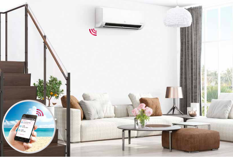Wall mounted split system in a bright living room, controlled from a smartphone app