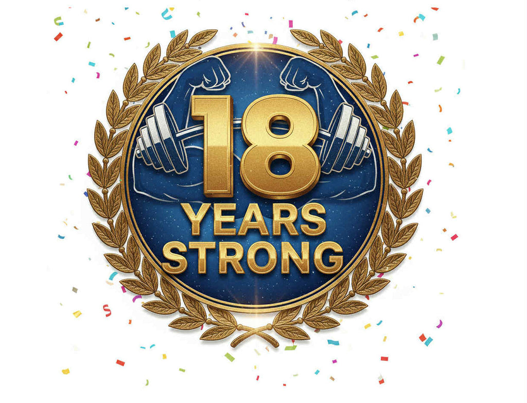 EZYAIR 18 Years Strong anniversary badge with a gold laurel wreath