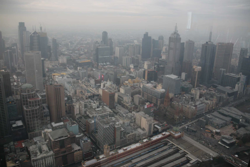 Hazy city skyline from above, highlighting indoor ventilation and filtration