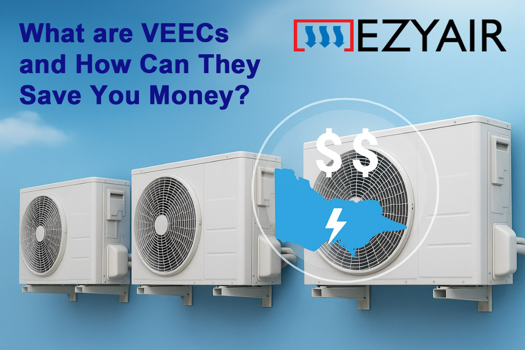 What are VEECs graphic with outdoor air conditioner units and the EZYAIR logo