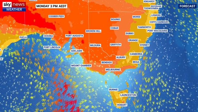 Sky News weather map showing extreme heat across south eastern Australia