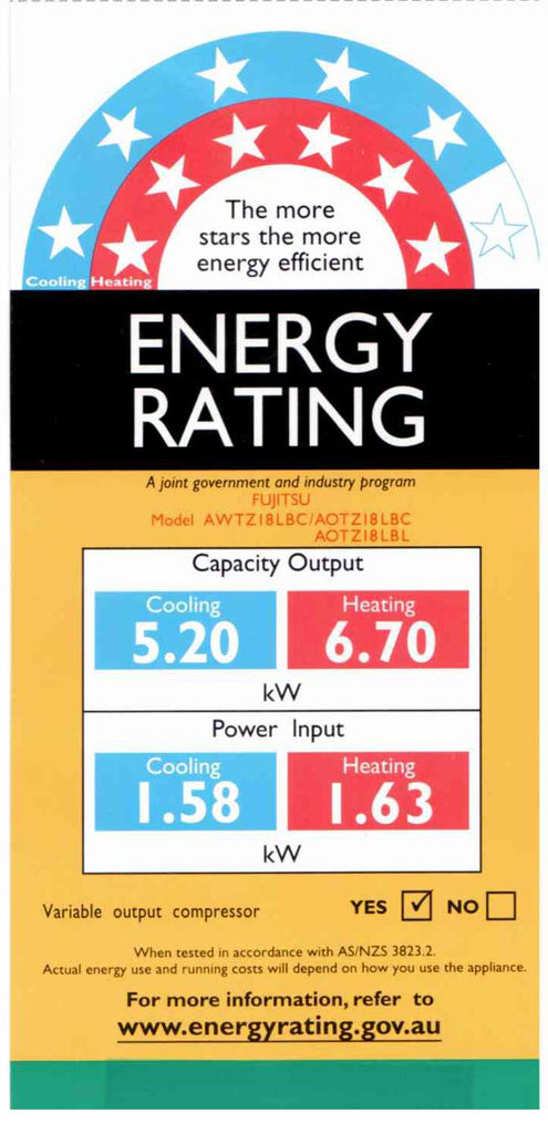 Air conditioner energy rating label showing star ratings and kW capacity