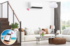 Wall mounted split system in a bright living room, controlled from a smartphone app