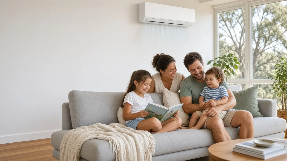 Melbourne family relaxing at home in comfort with a wall-mounted split system air conditioner